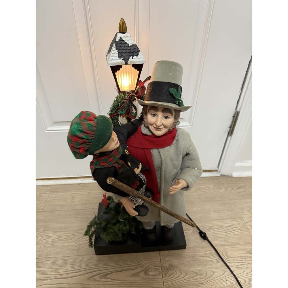 Vtg. Holiday Creations Tiny Tim & Scrooge 36" Animated Lamp Post Scene Works